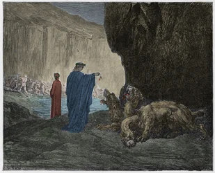 Inferno, Canto 6: Vergilius voedt Cerberus in de derde cirkel, illustratie uit De Goddelijke Komedie van Dante Alighieri, 1885 (digitaal ingekleurde gravure)